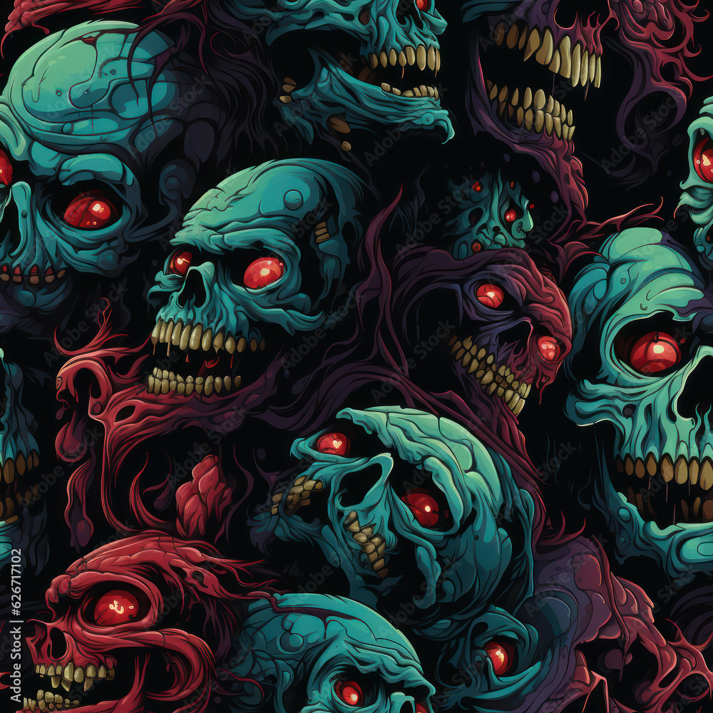 Horror dead halloween with skull, monster seamless pattern. Artistic design for fashion, fabric, textile, canvas, wrapping and all prints. Repeat wallpaper print texture. Generative AI