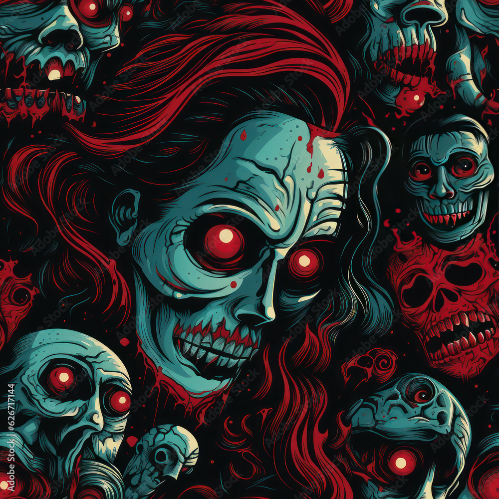 Horror dead halloween with skull, monster seamless pattern. Artistic design for fashion, fabric, textile, canvas, wrapping and all prints. Repeat wallpaper print texture. Generative AI Horror dead halloween with skull, monster seamless pattern. Artistic design for fashion, fabric, textile, canvas, wrapping and all prints. Repeat wallpaper print texture. Generative AI