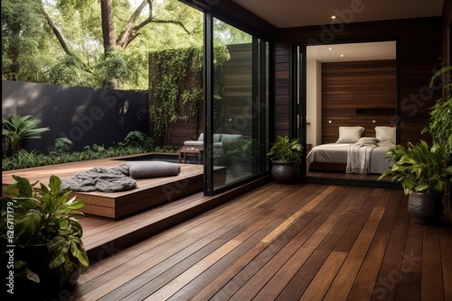 Sophisticated wooden home terrace featuring balcony access from both the bathroom and bedroom. photo