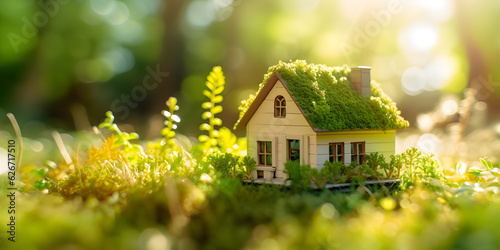 Eco House In Green Environment. Miniture House On Grass.