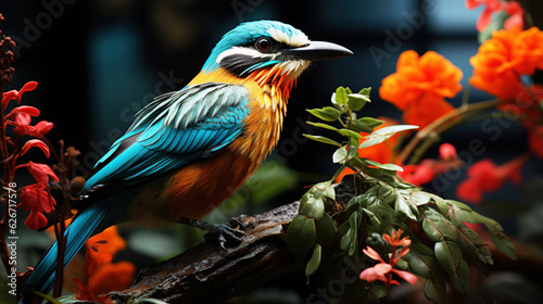 Colorful Bird with Blue Head and Orange Breast on Branch with Flowers A Stunning and Camouflaged AI Generated © Graphics.Parasite