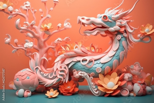 Generative AI abstract design chinese new year cute dragon with spring colors, surreal fantasy, peach flower., generative AI	
