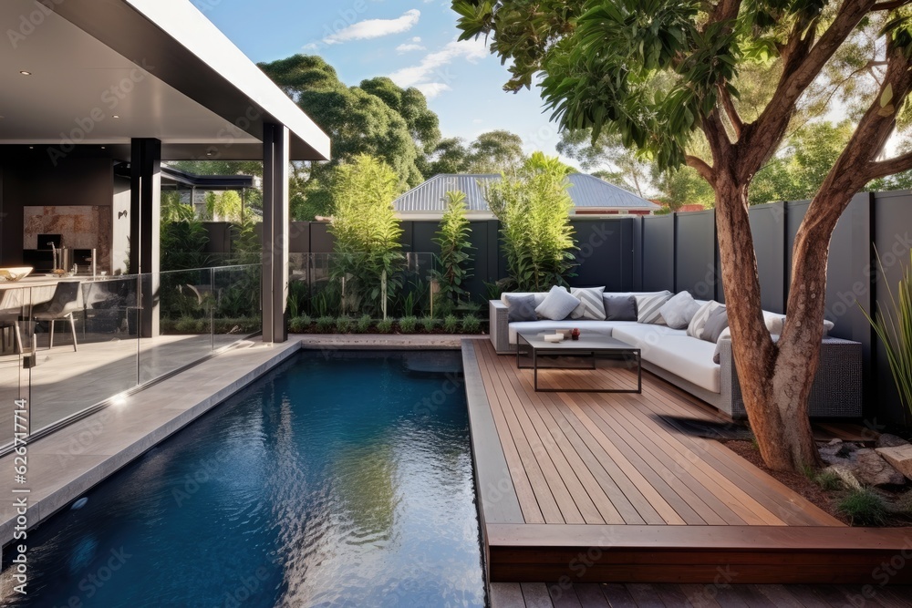Stylish Australian home boasts a contemporary backyard featuring a chic entertainment section.