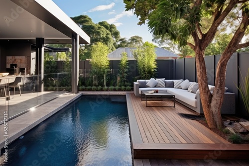 Stylish Australian home boasts a contemporary backyard featuring a chic entertainment section. © 2rogan