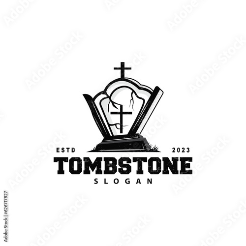 Tombstone Logo, Tomb Cemetery Cross, Vector Vintage Label, Retro Badge, Inspirational Design