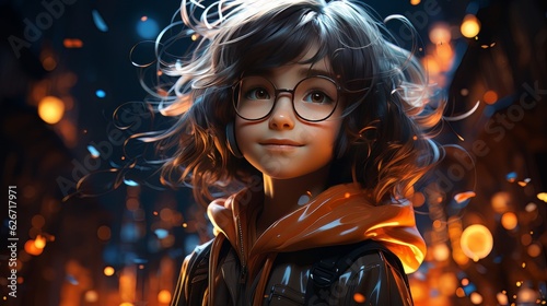 Digital art portrait of beautiful cartoon girl in glasses outdoors with bokeh lights AI