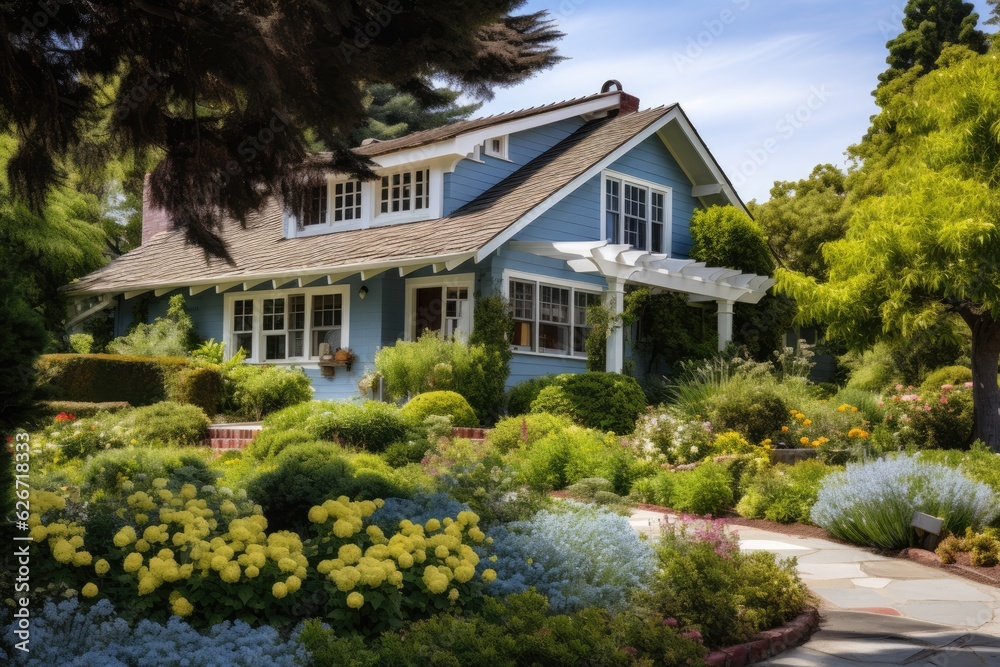 On a sunny day, a comfortable house with stunning landscaping adorns its exterior. On a sunny day, a comfortable house with stunning landscaping adorns its exterior.