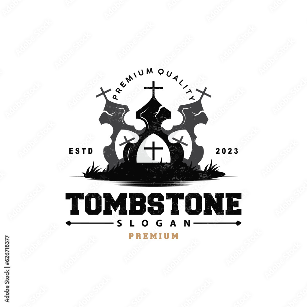 Tombstone Logo, Tomb Cemetery Cross, Vector Vintage Label, Retro Badge, Inspirational Design