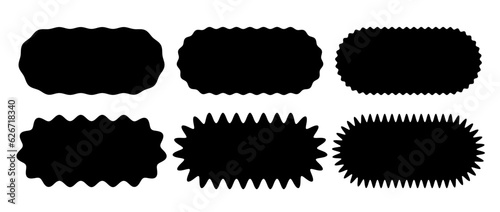 Zig zag edge oval shape collection. Jagged ellipse elements set. Black graphic design elements for decoration, banner, poster, template, sticker, badge. Vector