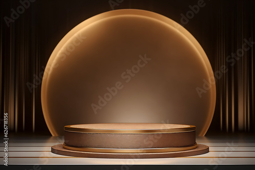 Photo luxury gold podium presentation on 3d product display background with abstract brown cloth elegant pedestal showcase or empty golden fashion fabric stand and premium stage studio - Generative AI