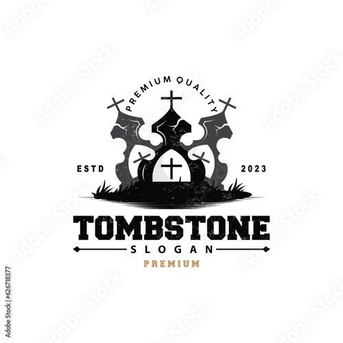 Tombstone Logo, Tomb Cemetery Cross, Vector Vintage Label, Retro Badge, Inspirational Design