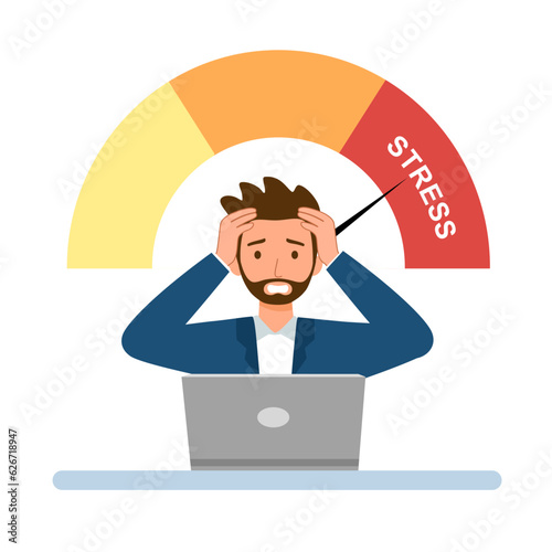 Male employee work stress at office in flat design on white background.