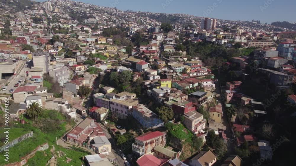 Aerial View Of Valparaiso Cityscape On Sunny Day In Chile. Dolly Back Ascending Shot Aerial View Of Valparaiso Cityscape On Sunny Day In Chile. Dolly Back Ascending Shot