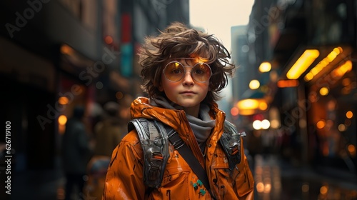 Digital art portrait of cartoon boy in orange glasses outdoors with bokeh lights AI