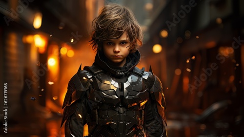 Digital art portrait of little boy in motobiker black suit AI
