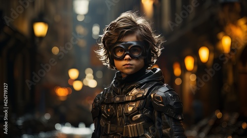 Digital art portrait of little boy in motobiker black suit and mask AI