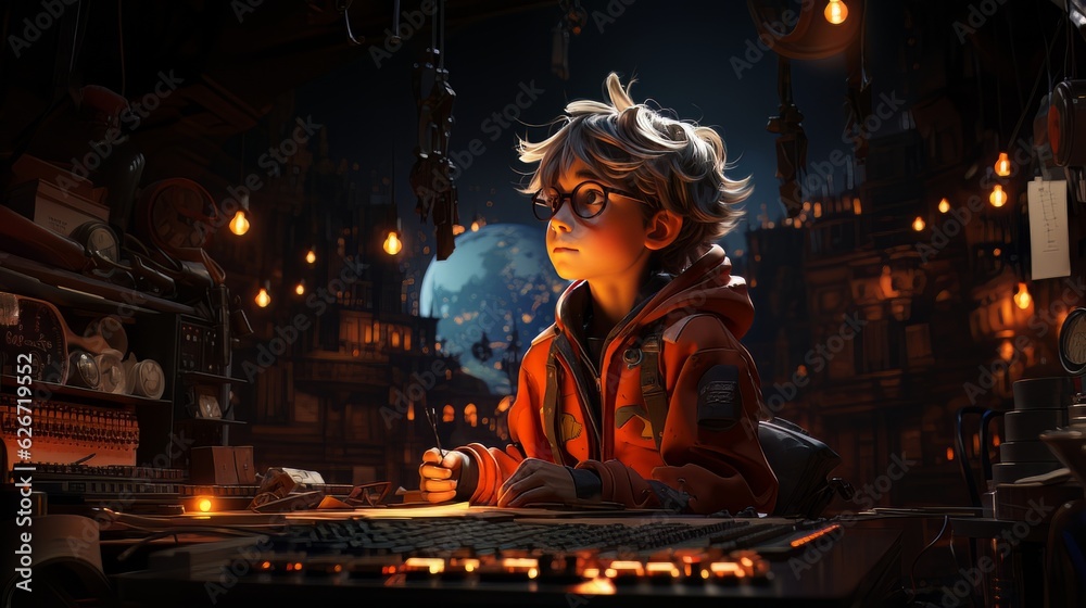 Digital art portrait of cartoon boy in glasses sitting at the table AI