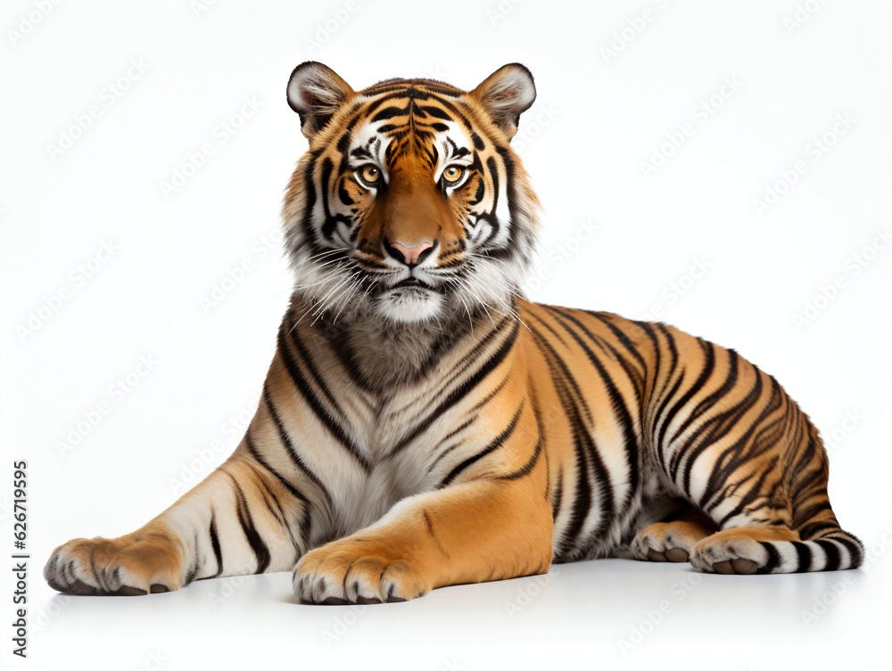 Tiger looking alert on a white studio background