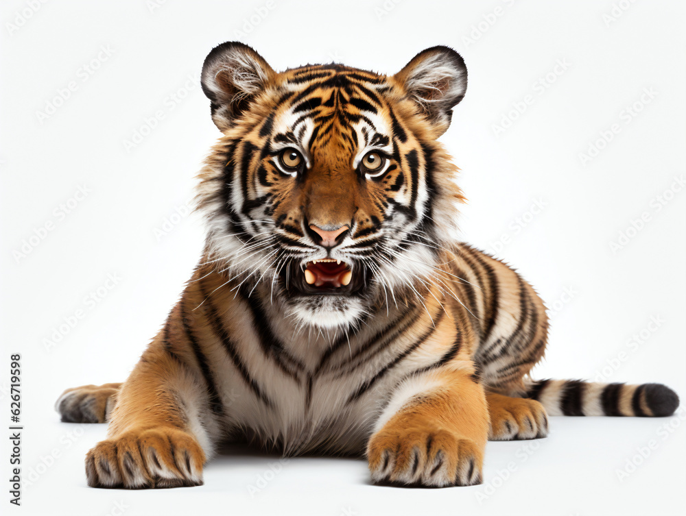 Tiger growling on a white studio background