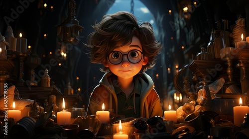 Digital art portrait of cartoon boy in glasses sitting at the table by candlelight AI
