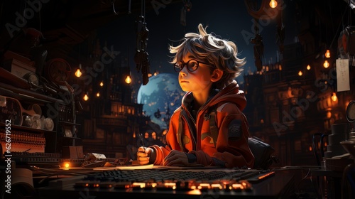 Digital art portrait of cartoon boy in glasses sitting at the table AI