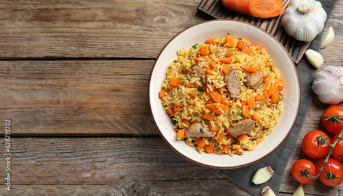 Delicious pilaf with meat, carrot and garlic on wooden table, top view. Space for text photo