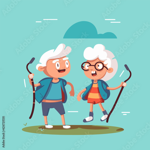 Couple of positive smiling old white people hiking in the nature. Funny cartoon characters of happy grandma and grandpa on an outdoor adventure