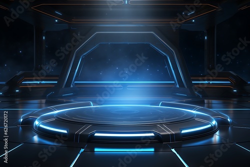Futuristic stand or podium background. sci-fi display scene, space from the windows of a spaceship AI Generative Illustration