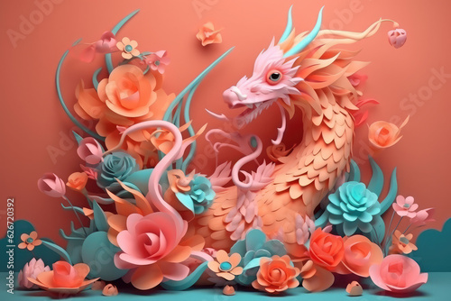 Generative AI abstract design chinese new year cute dragon with spring colors  surreal fantasy  peach flower.  generative AI  