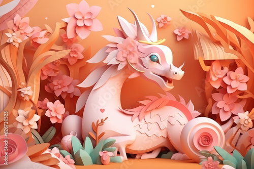 Generative AI abstract design chinese new year cute dragon with spring colors, surreal fantasy, peach flower., generative AI 