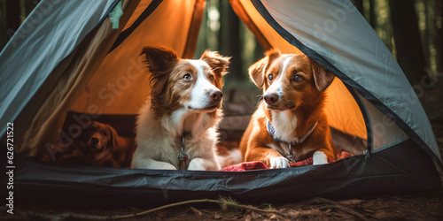 Dogs enjoying in the tent in the forest. Created with Generative AI technology