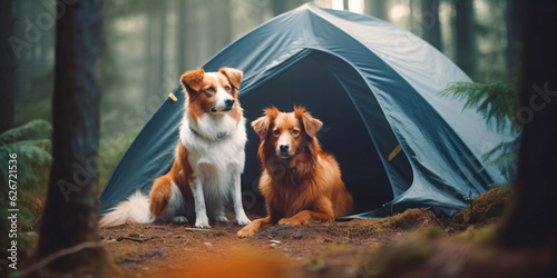 Dogs at the campsite in the forest. Created with Generative AI technology
