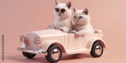 Cats wearing sunglasses in a small vintage car model on pink background. Created with Generative AI technology © Rolling Stones