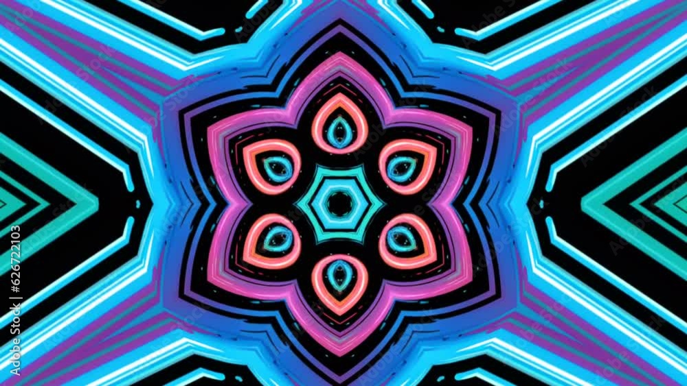 Looped kaleidoscope animated VJ background footage. Flower kaleidoscope in New Year's style. Animated graphics templates. Musical screensavers. Background for advertising, congratulations. Vj. DJ