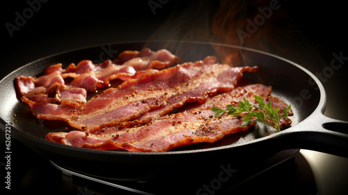 Delicious beef bacon sizzles on a skillet, tempting with its savory aroma and mouthwatering appearance. Perfect for food enthusiasts and recipes.