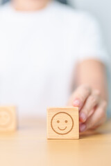 Woman show Happy Smile face block, Mental health Assessment, Psychology, Health Wellness, Feedback, Customer Review, Experience, Satisfaction Survey, Positive Thinking and World Mental Health day