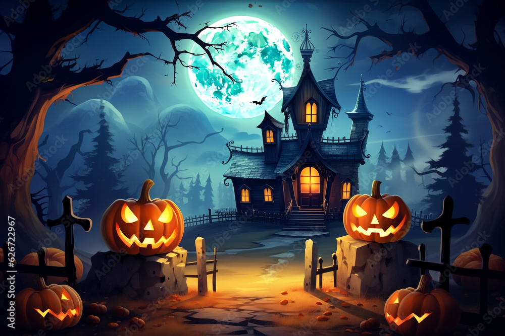 Fototapeta premium Happy Halloween Banner with Pumpkins, Spooky Celebration and Spooky Decorations Set the Haunted Scene. generated ai.