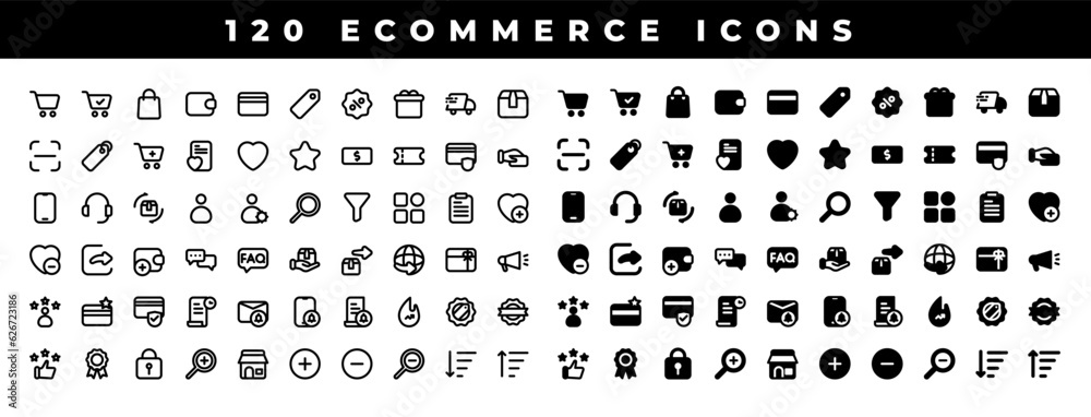 120 UI Ecommerce icons with line and solid style. UI Marketplace and Online Shop. Vector Illustration