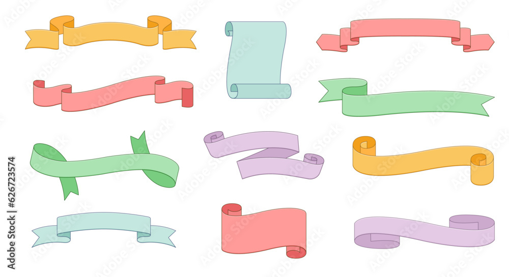 full color set of curve ribbons flat style isolated on white background.
