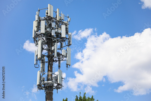 Telecommunication tower's radio antenna symbolizes global communication, progress, wireless networks, and technological advancement