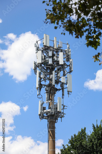 Telecommunication tower's radio antenna symbolizes global communication, progress, wireless networks, and technological advancement