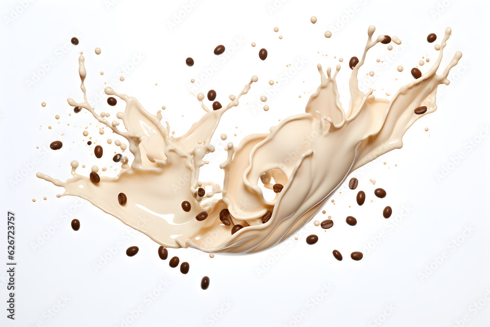 coffee beans and milk latte splash isolated on white coffee beans and milk latte splash isolated on white
