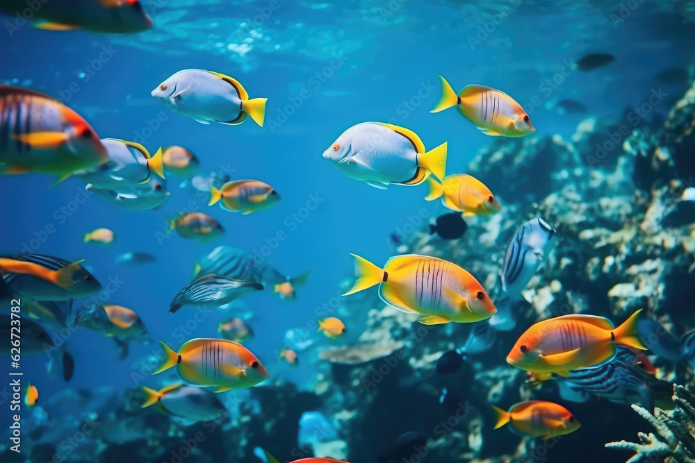Fototapeta premium Colorful tropical fish swimming in ocean, generative AI