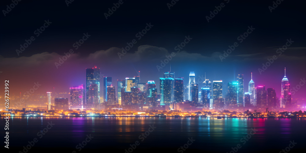 city skyline at night neon lights ocean reflection