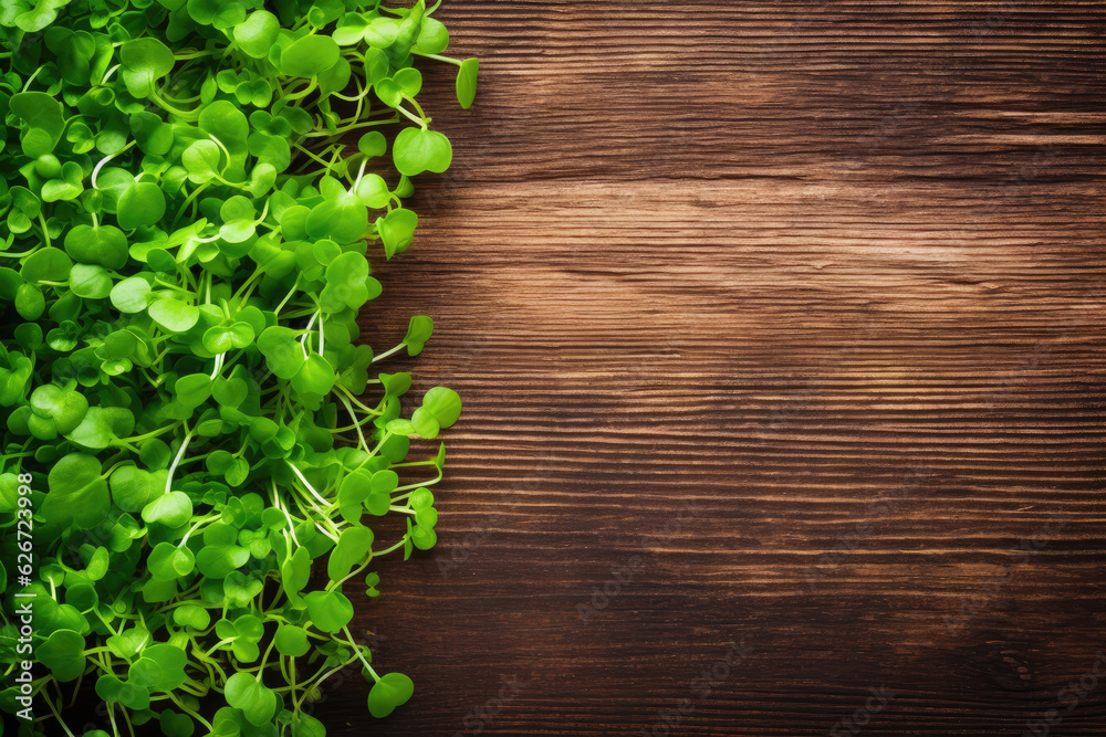 Microgreens on wooden table, top view, copy space Microgreens on wooden table, top view, copy space
