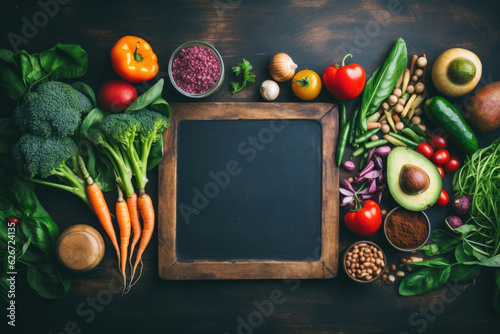 Vegetables around blank blackboard on the table, top view