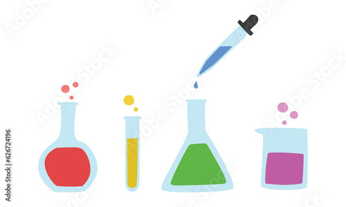 Set of Chemistry bottles clipart. Rounded bottom flash, boiling tube, conical flask, beaker, dropper flat vector illustration cartoon style, hand drawn. Students, classroom, back to school concept