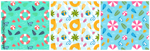 Set of Swimming Pool Seamless Pattern Vector Illustration with Summer Vacation Element in Flat Cartoon Template Hand Drawn