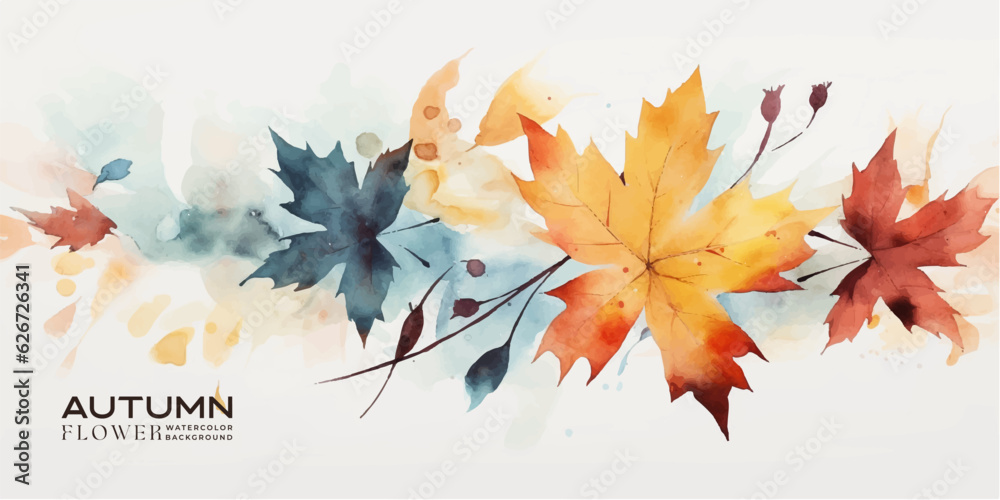 Abstract art autumn background with watercolor maple leaves. Watercolor hand-painted natural art perfect for design decorative in the autumn festival, header, banner, web, wall decoration, cards. - obrazy, fototapety, plakaty 