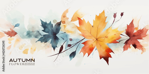 Abstract art autumn background with watercolor maple leaves. Watercolor hand-painted natural art perfect for design decorative in the autumn festival, header, banner, web, wall decoration, cards. #626726341